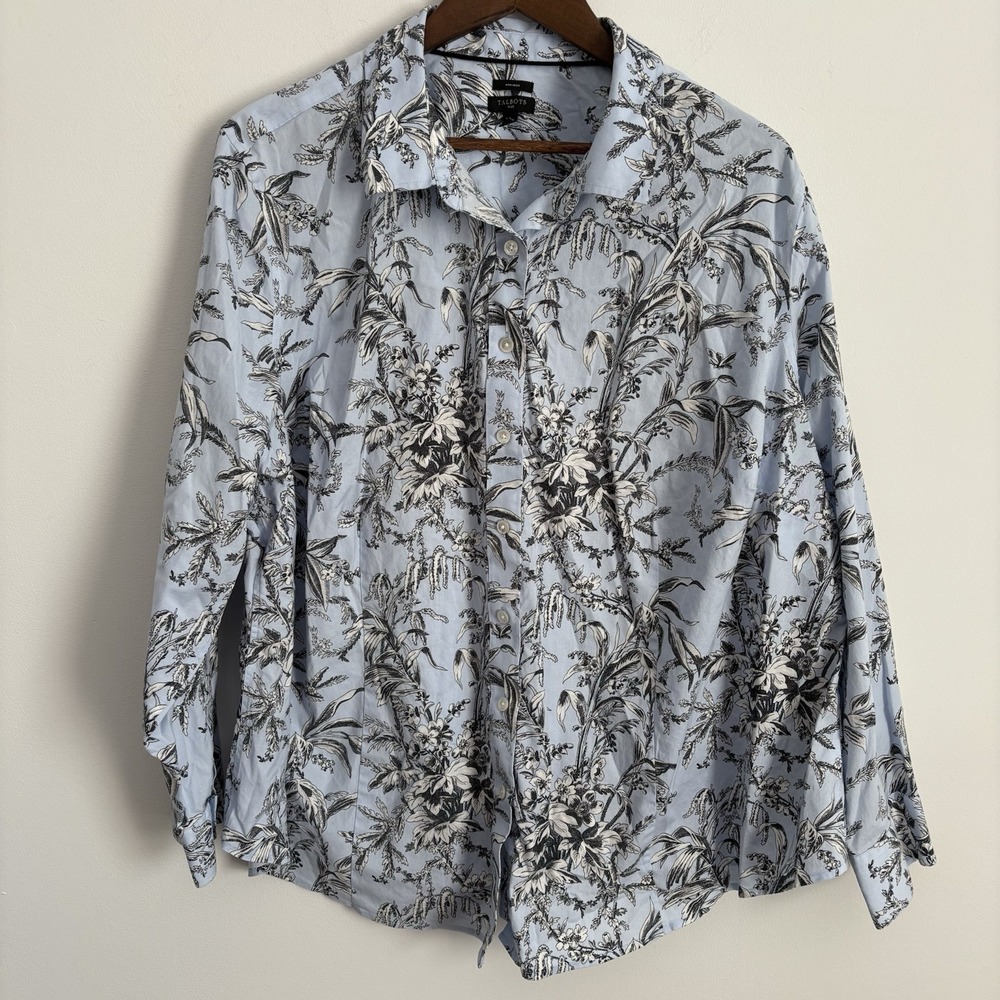 Talbots Non-Iron Floral Long Sleeve Button Up Shirt Size 24W Blue Black